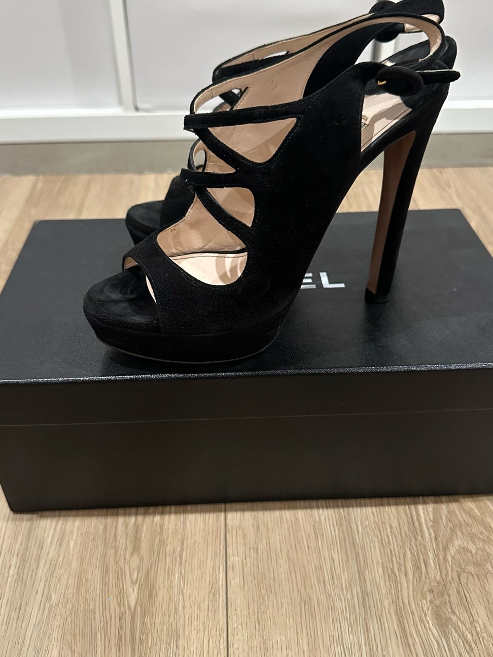 Prada Black Suede Strappy Platform Stiletto Heels - Women